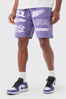 pantalon corto holgado con lavado a la piedra y estampado de motociclismo en relieve purple