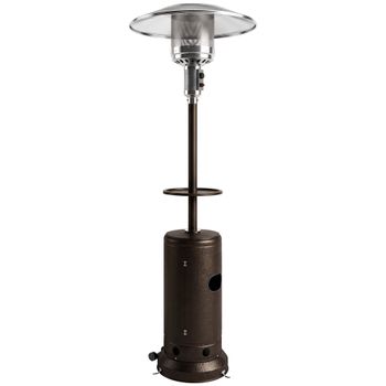 Outsunny Estufa de Gas Butano 13 kW con Mesa Ø40 cm Regulación Continua del Calor Antivuelco Encendido Piezoeléctrico y Ruedas Marrón   Aosom España