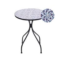 mesa de balcon exterior metal estilo vintage estructura hierro negro tablero de mosaico azul camprena