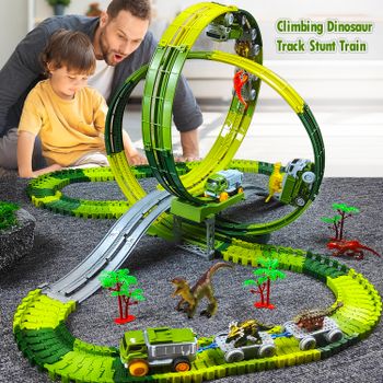 Pista de Escalada Mágica, Tren, Mundo de Dinosaurios, Carrera en Carretera, Pista Flexible, Coche para Niños y Niñas de 3 a 6 Años, Regalo de Cumpleaños