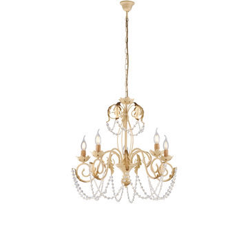 Damasco - Lámpara De Hierro Lacado Marfil Con Decoración. Efecto Decapé Y Acabados En Oro Antiguo Con Pedrería De Cristal 5 Luces 125 - Ø63