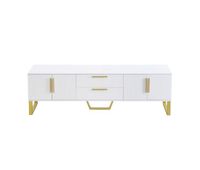 mueble tv alto brillo - puertas texturizadas detalles dorados almacenamiento - blanco