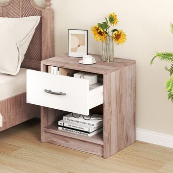 Mesita De Noche | Mesilla De Noche Con 1 Cajón Mesa Auxiliar Con Estante Abierto Compacta Espacios Pequeños Roble+blanco
