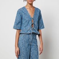 ganni tie-front jacquard-denim blouse - eu 42uk 14