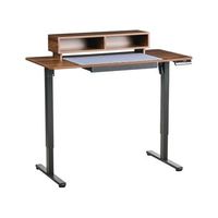 escritorio de altura regulable electrico con alfombrilla para raton para usar de pie o sentado moderno 120 x 60 cm puerto usb tablero marron y patas negras lucama