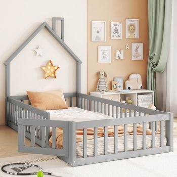 Cama Infantil De 90 X 200 Cm En Madera De Pino Con Barandillas Protectoras Y Puerta, Somier Incluido, Gris