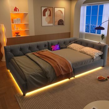 Cama Sofá 90x200 Gris Lino, Somier Lamas, Led Ambiental Remoto, Cabecero Acolchado Botones, Usb/tipo-c