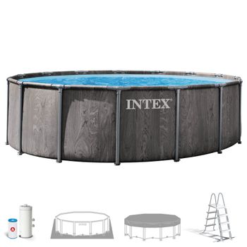 INTEX - Piscina desmontable redonda, Greywood Prism Frame Premium, lona triple capa, estructura metálica anticorrosión, depuradora de cartucho, escalera desmontable, tapiz protector, cobertor,