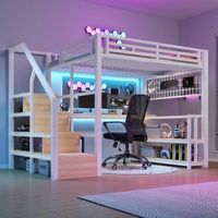 cama alta 140 x 200 cm con escritorio estanteria - estructura de hierro - leds 2 puertos usb y 1 puerto tipo c - blanco colchon no incluido