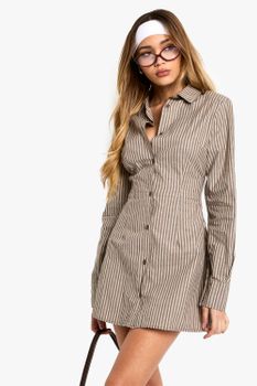 Vestido Camisero Ajustado Con Cintura Fruncida, Brown
