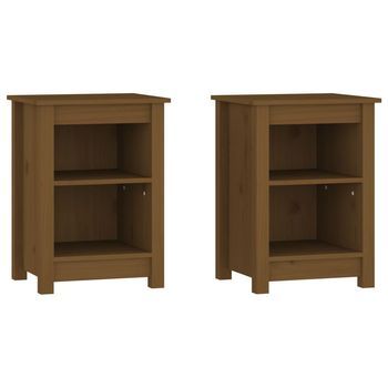 Pack 2 Uds Mesitas De Noche | Mesa Auxiliar | Mesilla Madera De Pino Marrón Miel 40x35x55 Cm