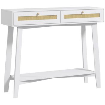 HOMCOM Consola Recibidor Mesa de Entrada 2 Cajones Diseño Ratán Estante Abierto Pasillo 100x30x81 cm Blanco   Aosom España