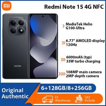 Teléfono móvil Xiaomi Redmi Note 15 4G NFC original, con batería de 6000 mAh, pantalla AMOLED de 6,77 pulgadas, cámara principal de 108 MP y procesador MediaTek Helio G100-Ultra.