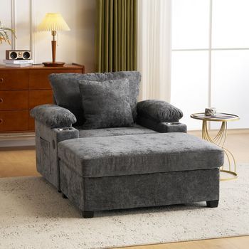 Chaise Longue De Tela Chenille Con Portavasos Y Cargador Usb, Para Salón Y Oficina