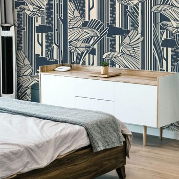 Papel pintado panorámico con motivos de pájaros, azul 450 x
