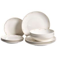 vajilla de 12 piezas de porcelana acabado esmaltado transparente con ribete decorativo blanco y dorado charoli