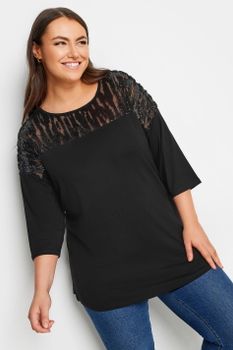 Yours Top Negro Canesú De Malla Con Lentejuelas, Mujer Curvy Y Tallas Grandes, Yours