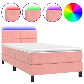Cama Individual | Cama Para Adultos | Cama Box Spring Colchón Y Led Terciopelo Rosa 100x200 Cm