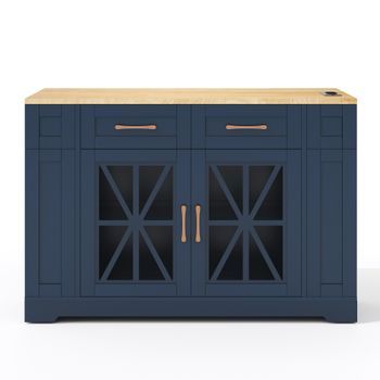 Isla De Cocina Móvil Con Mesa De Comedor Plegable, Toma De Corriente, Puerto Usb Y Puerta De Cristal - Azul
