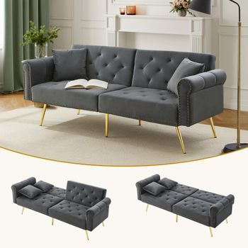 Canapé-lit De 2 Plazas En Terciopelo, Respaldo Ajustable En 3 Posiciones, Patas Metálicas Doradas, Ahorro De Espacio, Resistente, Ideal Para Espacios Pequeños