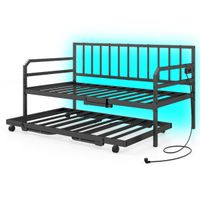 costway sofa cama individual con luces led base metalica y cama nido extraible estacion de carga incorporada negro