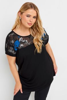 Yours Curve Black & Blue Mesh Embellished Swing Top, Mujer Curvy Y Tallas Grandes, Yours