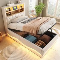 cama con cabecero y canape de 90 x 200 cm - tejido de lino - led tomas usb y compartimentos de almacenaje - beige sin colchon