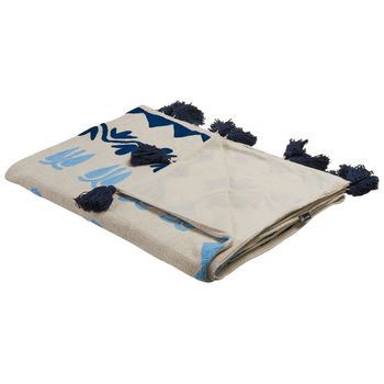 Manta De Algodón Beige Azul 130 X 180 Cm Hecho A Mano Patrón Floral Borlas Bhind