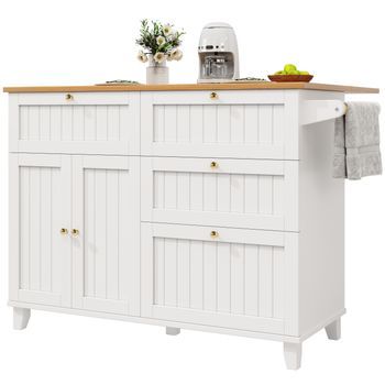Isla De Cocina Blanca Con Almacenamiento, Ruedas Y Superficie Extensible De 133 Cm