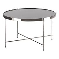 mesa de centro con tablero redondo de vidrio templado negro y patas de metal oscuro estilo glamour lucea