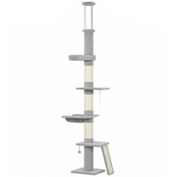 PawHut Rascador para Gatos a Techo con Altura 230-260 cm, 3 Postes Rascadores, Hamaca, en Peluche, Gris Claro