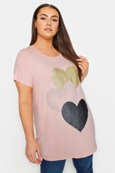 Yours Camiseta Rosa Claro De Corazones Con Purpurina, Mujer Curvy Y Tallas Grandes, Yours