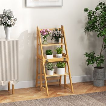 Silla Plegable De Bambú Con Escalera De Mano Convertible De 3 Escalones Silla De Escalera Multifuncional 3 En 1 Carga 150 Kg Natural Cfw94029