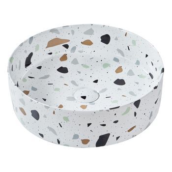 Lavabo De Encimera Baño Cerámica Efecto Terrazo Redondo Blanco 40 Cm Nules