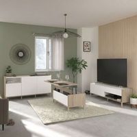 pack salon azzaro en color roble japones y blanco mueble tv 2 puertas 1 cajon  mesa centro  aparador 2 puertas 1 cajon