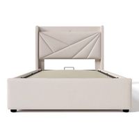 cama individual 90x200 - almacenamiento con usb tipo c y cabecero estructura de lino somier incluido - gris