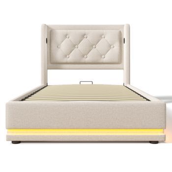 Cama Tapizada Beige 90 X 200 Cm Con Almacenaje Hidráulico, Led, Usb Y Usb-c