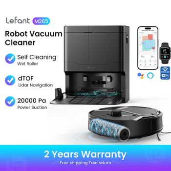 Robot Aspirador Lefant M265 con Mapeo, 20000Pa, Rodillo Autolimpiante, Lavado con Agua Limpia, Láser dToF, Evita Obstáculos, Anti-Enredos, Compacto, WiFi 2.4G/5G/Alexa/APP