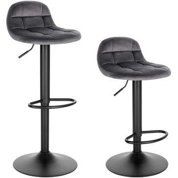 Juego De 2 Taburetes De Bar De Terciopelo - Altura Ajustable De 62 A 83 Cm - Giro De 360° - Gris Oscuro