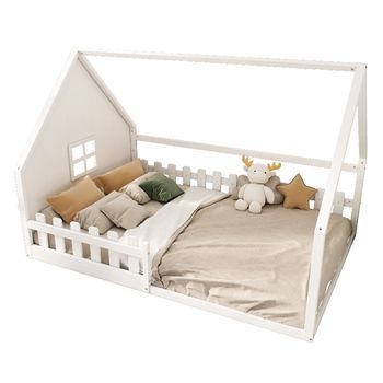 Cama Infantil De Madera De Pino Tipo Casa Con Barandilla, 140 X 200 Cm, Blanca