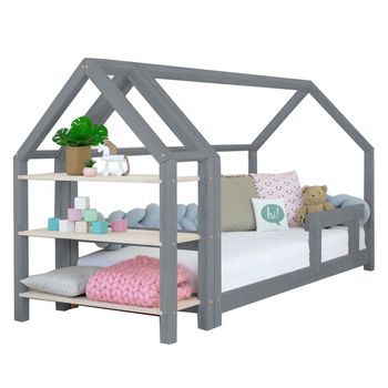 Cama Cabaña Con Estante 120 X 180 Gris Y Natural