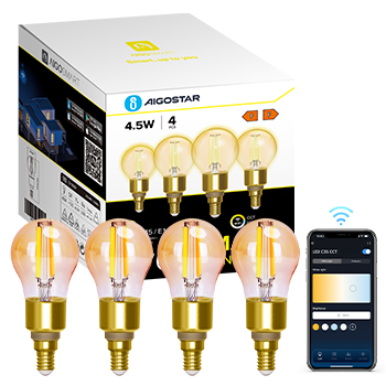 Aigostar Bombilla Inteligente Alexa， Bombilla Led E14 Vintage， G45 Ámbar Tipo Globo， 4.5W， 470LM， Regulable Cálida a Fría 2700K a 6500K， Compatible con Alexa y Google home， 4 PCS.