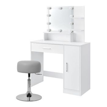 Tocador Con Led, Taburete Y Espejo 90x38x137cm Gris Mdf Ml-design