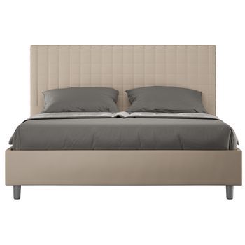 Cama Tapizada 120x190 Cm Imitación Piel Cappuccino Con Cuadros Sunda Sin Somier Y Sin Box Spring-color Ribete Verde Crudo-ropa De Cama 140x190 Cm-opción Con Base Y Caja
