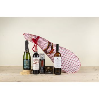Cesta Gourmet Completa Con Paleta Cruce Duroc, Espumoso Chamberi Brut, Vino Tinto, Vino Blanco Y Chorizo Y Pates Ibéricos