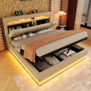Cama Doble Tapizada Con Cabecero Que Incluye Espacio De Almacenamiento Y Puertos Usb Y Type-c, Iluminación Led En Cabecero Y Pie De Cama, Con Espacio De Almacenamiento Hidráulico, Color Lino Beige (sin Colchón)