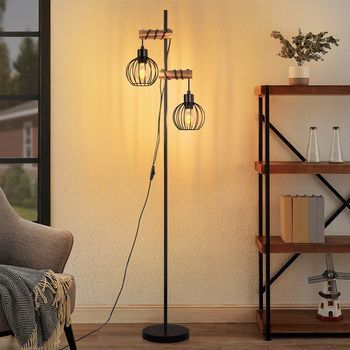 Lámpara De Pie Nettlife Negra Para Salón, De Madera, Estilo Vintage, De Metal, Con 2 Bombillas E Interruptor, Casquillo E27, 152 Cm (sin Bombilla).