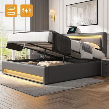Cama Doble Tapizada Con Puerto Usb De Carga Inalámbrica Y Por Cable, Iluminación Led Y Almacenamiento, 140x190 Cm, Gris