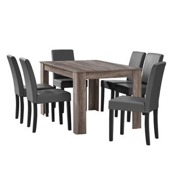 Mesa De Comedor + 6 Sillas Forssa Mdf Y Polipiel 140x90x77cm - Roble Antiguo + Gris Oscuro [en.casa]