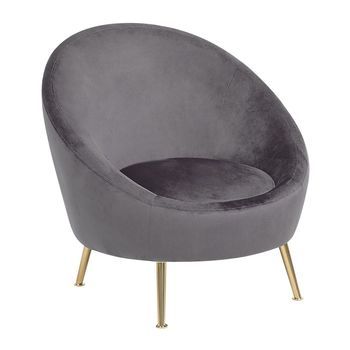 Silla De Terciopelo Gris Respaldo Redondo Patas Doradas Para Salón Estilo Glamour Retro Langa